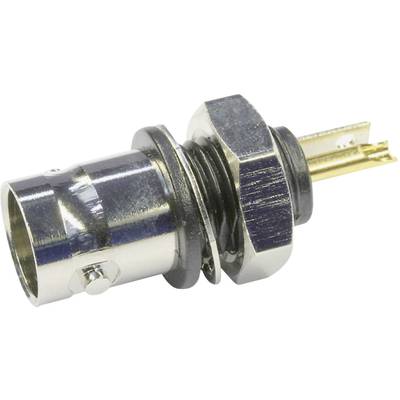 Metallic connector, cylindrical in shape, with gold-plated contact pins and knurled fixing nut.