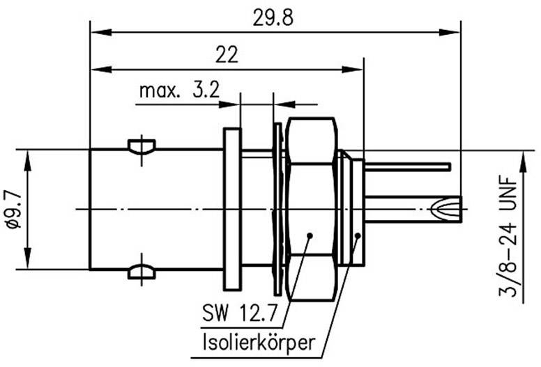 Technical drawing of a connector: Length 29.8 mm, diameter 9.7 mm, key width 12.7 mm, max. 3.2 mm depth.