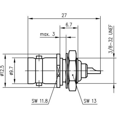 Technical drawing of a plug with dimensions: length 27 mm, diameter 12.5 mm, maximum depth 3 mm. Thread 3/8-32 UNEF.