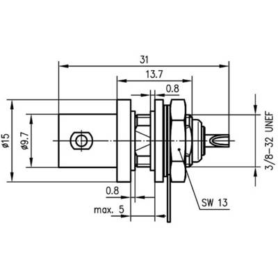 Technical drawing of a connector with dimensions and thread specifications. Shows side view with labels for assembly.