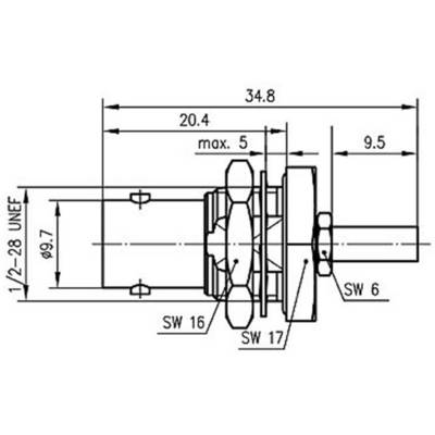 Technical drawing of a component with dimensions in millimetres: total length 34.8 mm, width 20.4 mm, spanner sizes 16 and 17.