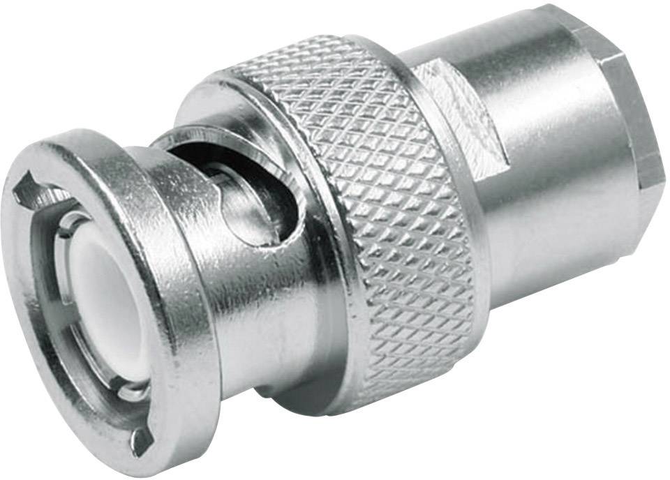 Metal BNC plug with knurled grip, suitable for coaxial cables in video and telecommunications applications.