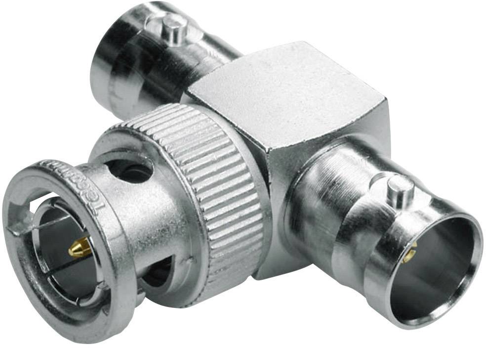 A T-adapter with BNC connectors, made of metal, for connecting coaxial cables in network systems.