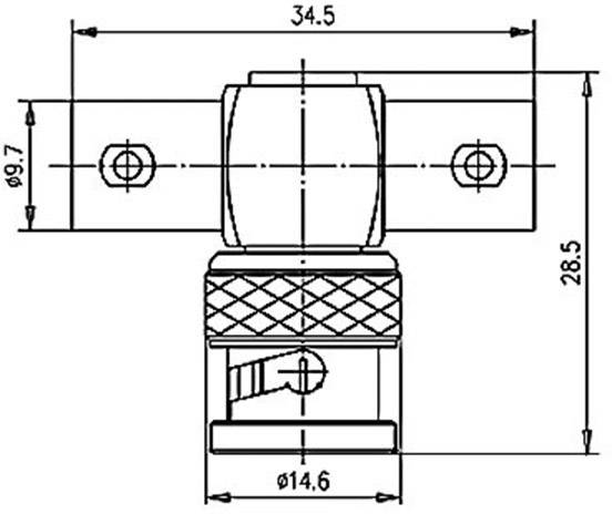 Technical drawing of a T-piece with dimensions: Total length 34.5 mm, height 28.5 mm, diameter at two points 9.7 mm and 14.6 mm.