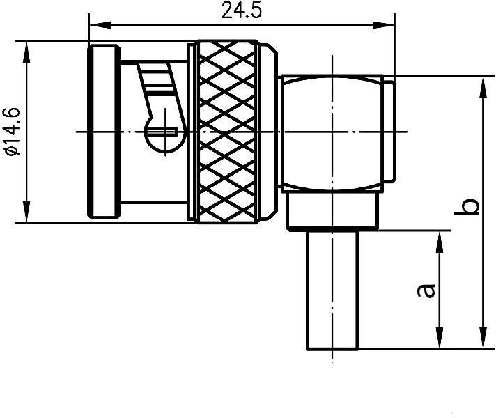 Technical drawing of an angle fitting with dimensions: Total length 24.5 mm, diameter 14.6 mm, height a, width b.