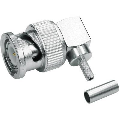 BNC socket made of metal with angled connection and separate cable sleeve beside it, suitable for coaxial cable connections.