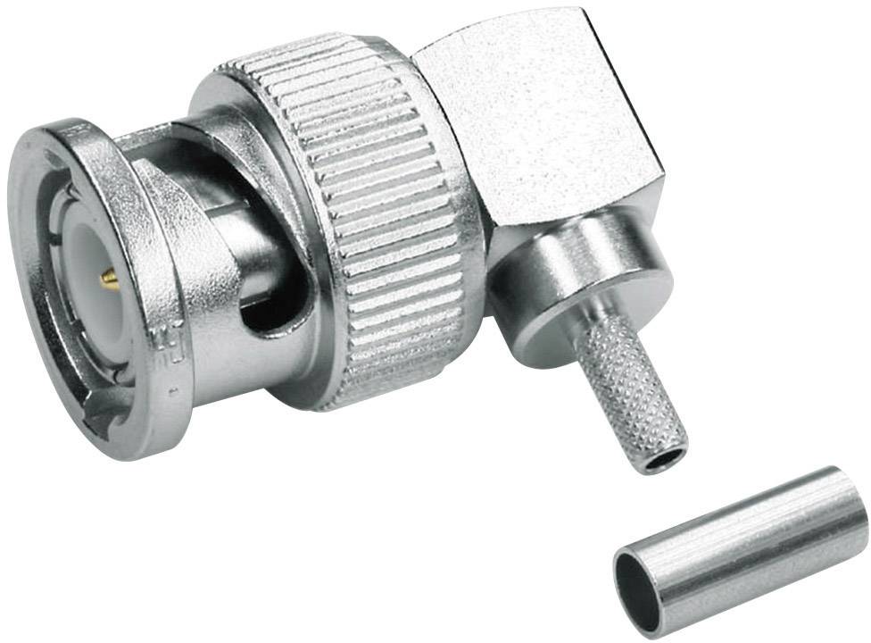 BNC plug for connection to coaxial cable, consisting of an angled plug, a knurled screw and a cable end piece.