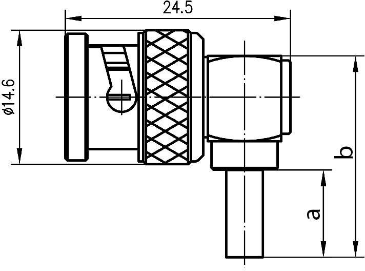 Technical drawing of a connector with dimensions: total length 24.5 mm, diameter 14.6 mm, side and vertical connection lengths.