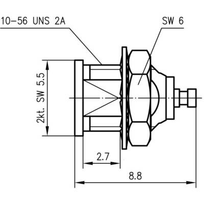 Technical drawing of a screw connection, showing dimensions: 10-56 UNS 2A, across flats 6, 2-point across flats 5.5, as well as lengths 8.8 and 2.7.