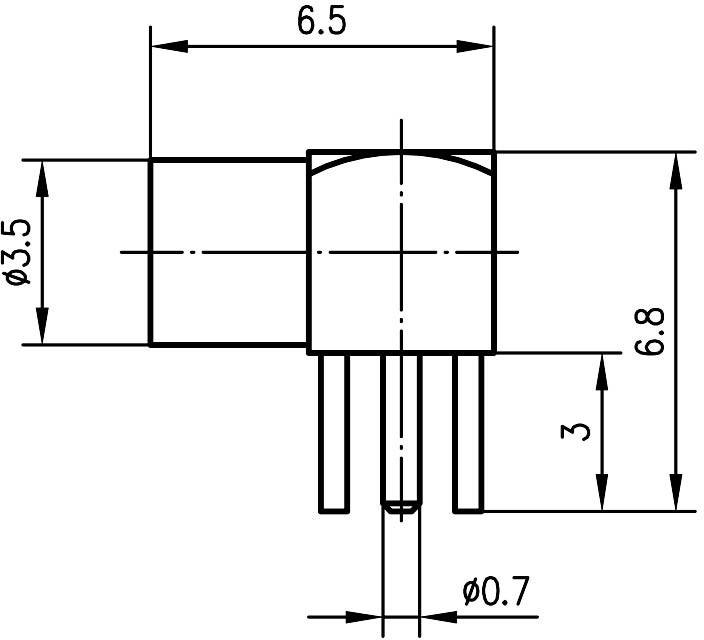 Technical drawing of an electronic connector with dimensions: Total length 6.5 mm, diameter 3.5 mm, pin diameter 0.7 mm.