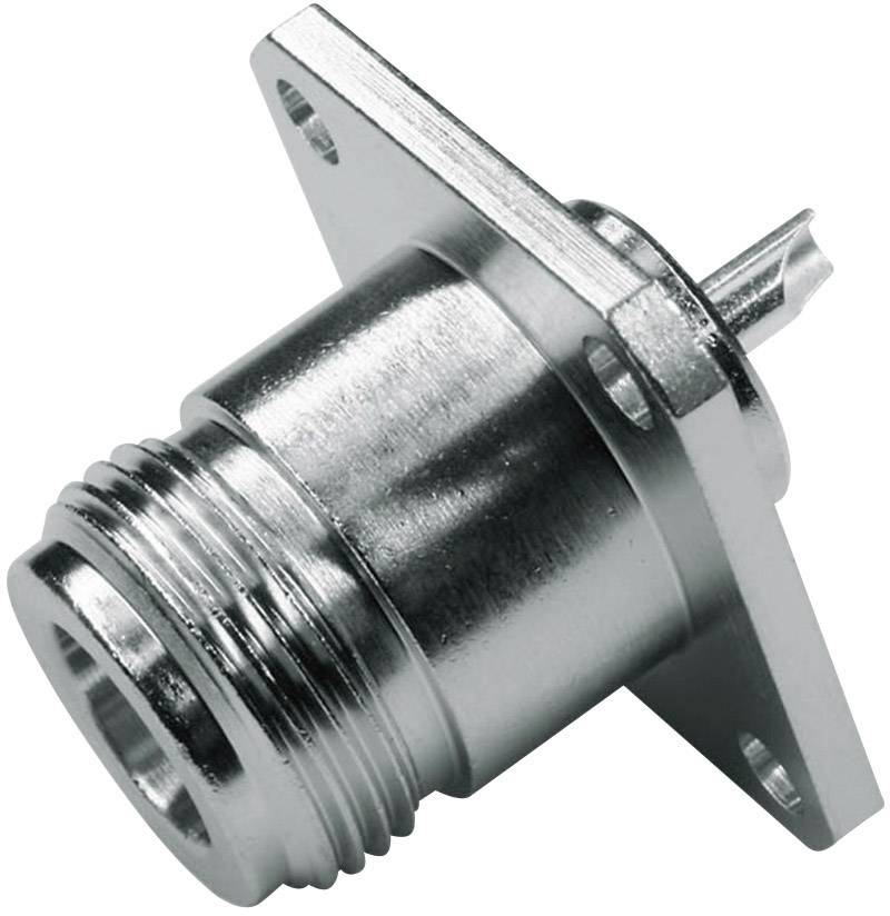 Metal connector with square flange and thread, suitable for electronic devices or cable connections.