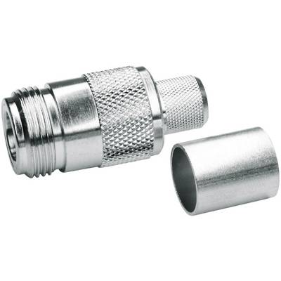 'Metal plug connector with a knurled grip, comprising two parts. Main component with threading and a smaller, removable cylinder.'