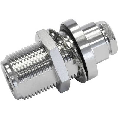 A silver, metallic F-type connector adapter, primarily used for coaxial cable connections in television and satellite systems.