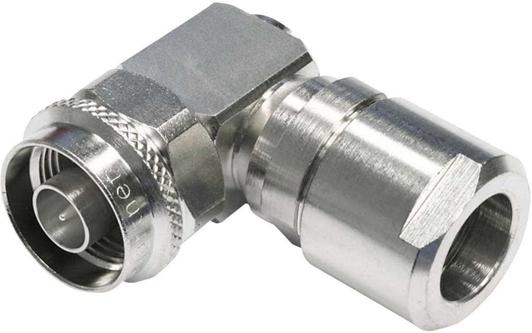 A silver metal adapter with a 90-degree angle and two different connection types, suitable for cable connections.