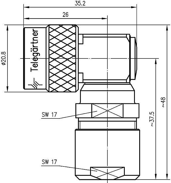 Technical drawing of a coaxial connector by Telegärtner, dimensions and measurements shown in millimetres.