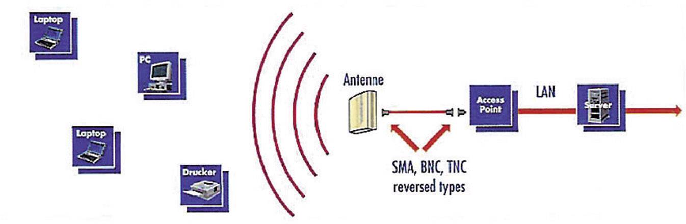 A diagram shows a network with laptops, PCs and a printer establishing a connection to a LAN server via an antenna and an access point.
