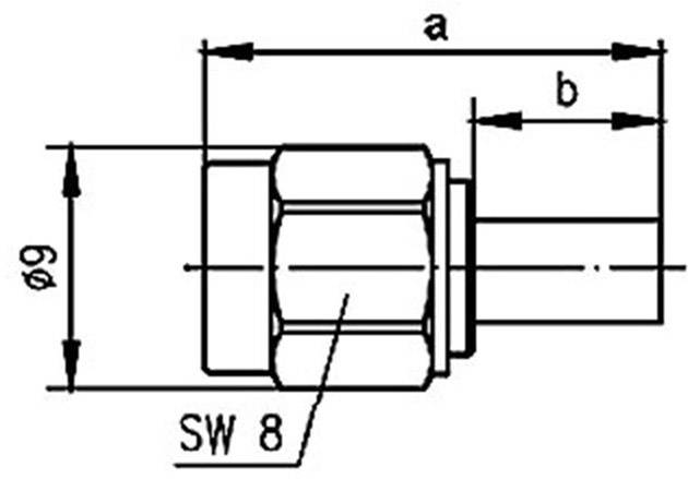 Technical drawing of a cylindrical part with dimensions: diameter ø9, length 'a' and 'b', spanner size SW 8.
