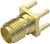 A gold-plated coaxial connector with three pins and threading, used in electronics or cable connections.