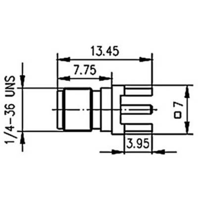 Technical drawing of a plug with dimensions: Total length 13.45 mm, width 7.75 mm, smaller width 3.95 mm, thread 1/4-36 UNS.