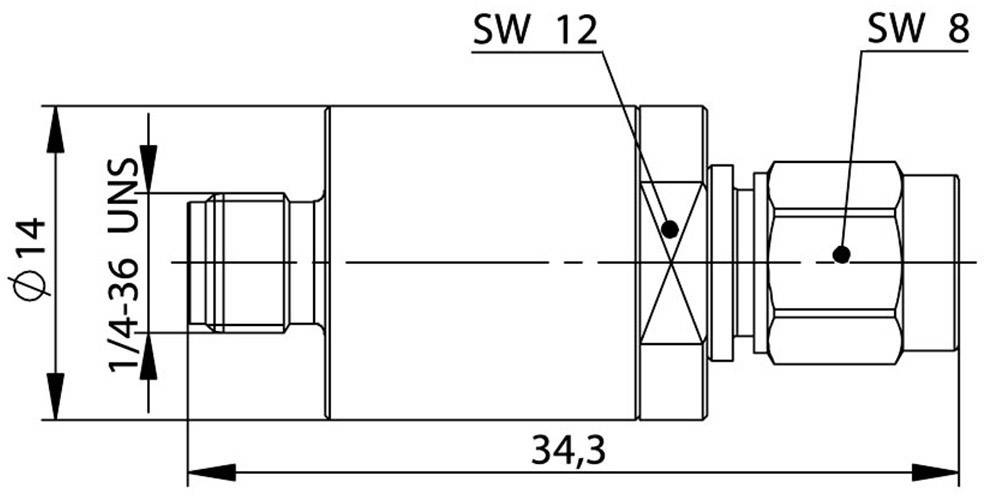 Technical drawing of a pipe connector with dimensions: Diameter 14 mm, Thread 1/4-36 UNS, Total length 34.3 mm, Spanner sizes SW 12 and SW 8.