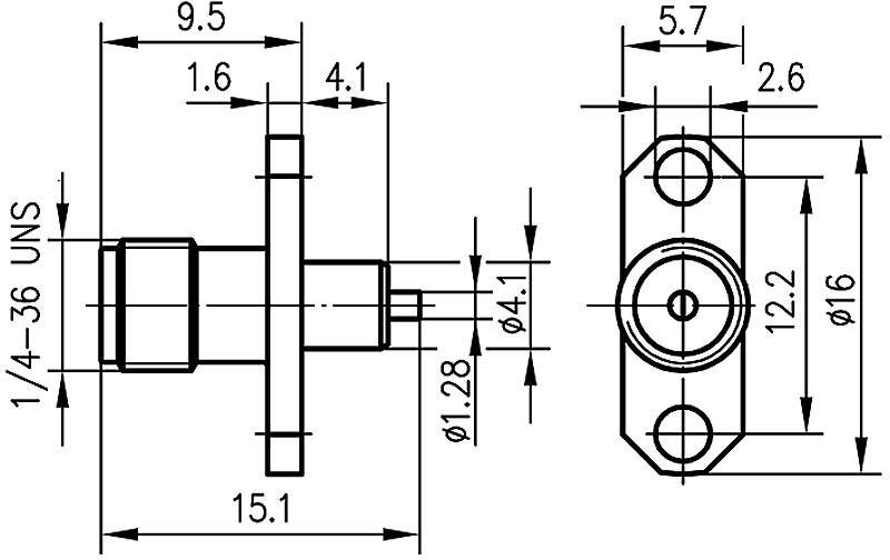 Technical drawing of a connector with dimensions in millimetres, showing front and side views with details of hole spacing.
