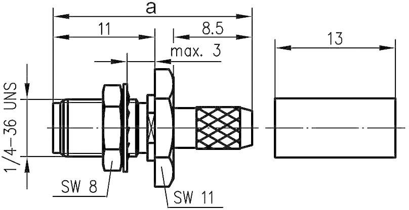 Technical drawing of a connector with dimensions: Length 13, Width 8.5, Thread 1/4-36 UNS, Hex 8 and Hex 11, maximum diameter 3.
