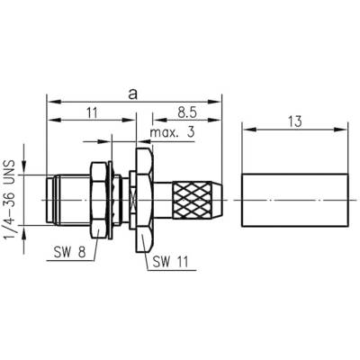 Technical Drawing of a Connector with Dimensions: 11, 8.5, max. 3, 13 mm. Thread Size: 1/4-36 UNS. Spanner Size SW 8, SW 11.
