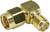 A golden right-angled coaxial cable adapter with female and male connection points. Used to modify cable connections.
