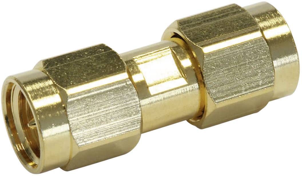 A golden coaxial connector with a cylindrical body and hexagonal ends. Suitable for cable or aerial connections.