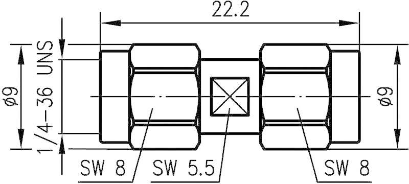 Technical drawing of a connecting piece with dimensions: Length 22.2 mm, diameter 9 mm, thread 1/4-36 UNS, spanner width 8 mm and 5.5 mm.