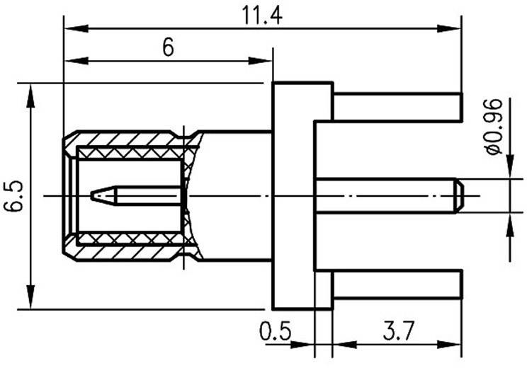 Technical drawing of a plug with dimensional specifications: Total length 11.4 mm, width 6.5 mm, plug length 6 mm, diameter 0.96 mm.