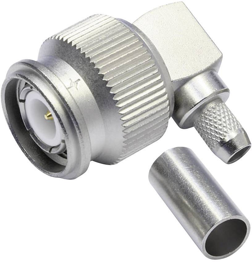 A silver coaxial plug with an angled shape and an additional metal component, likely for securing the cable.