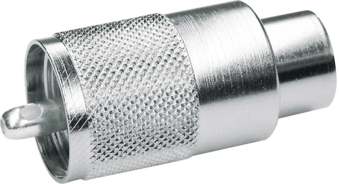 Silver metal plug with a textured sleeve and smooth surface, commonly used for antenna connections.