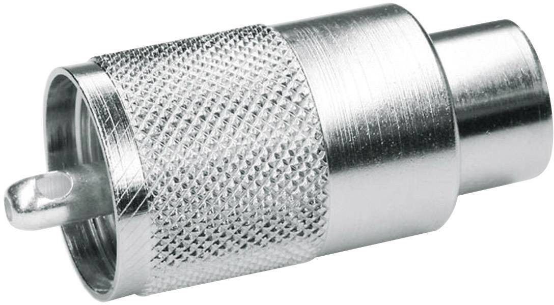 A silver coaxial plug with a ridged surface, typically used for connections in antenna systems.