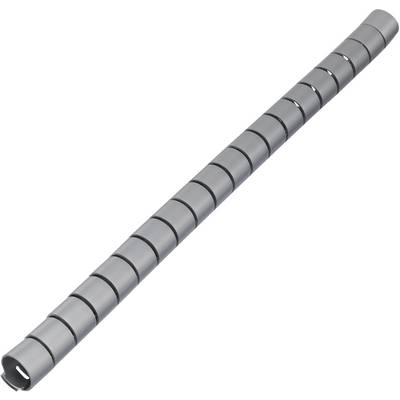 A silver cable spiral used for bundling and organising cables. It is long and flexible.