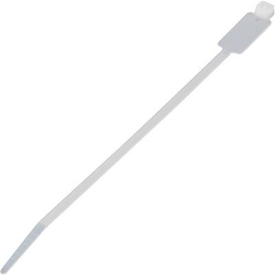 A white cable tie with a rectangular labelling field at the top, suitable for bundling and labelling cables or objects.
