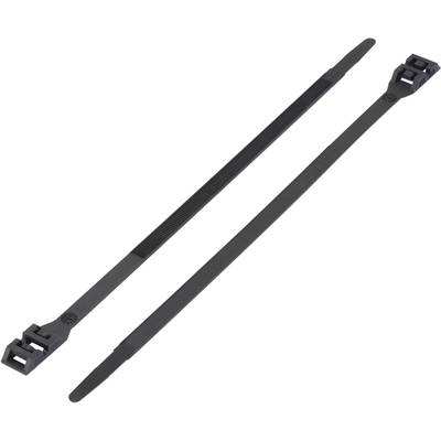 Two black plastic cable ties lie parallel to each other on a white background. They are suitable for fastenings.