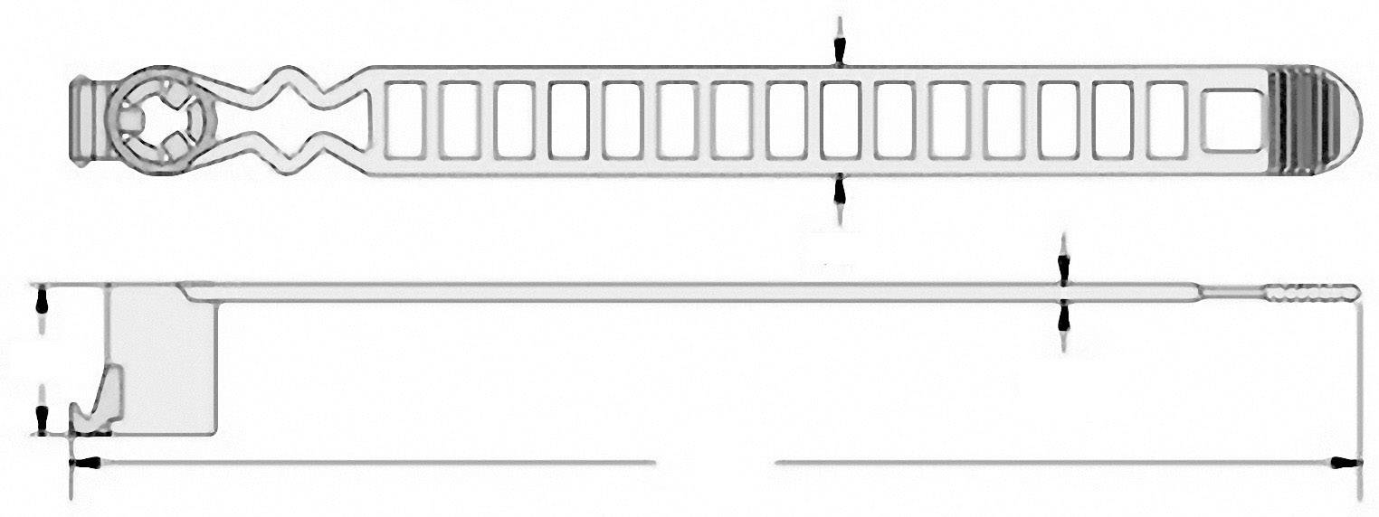 Diagram of a surgical instrument in two views: top with rectangular openings, bottom with a narrower rod and end serrations.