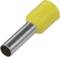 Yellow cable end sleeve with a metallic, tube-shaped tip for use in electrical installations to protect cable ends.