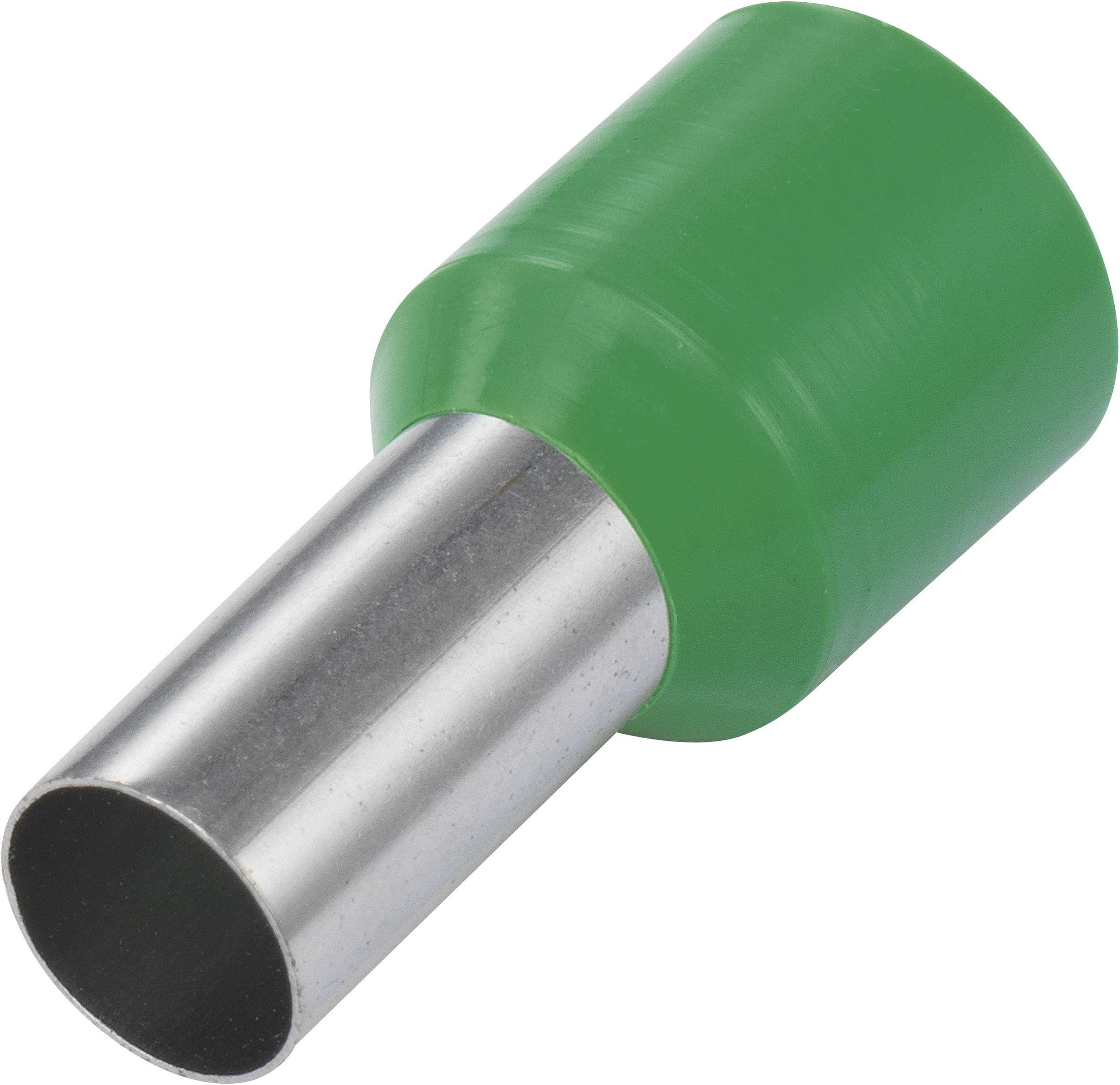 A green wire end ferrule with a metallic connection, commonly used for securing wires in electrical applications.