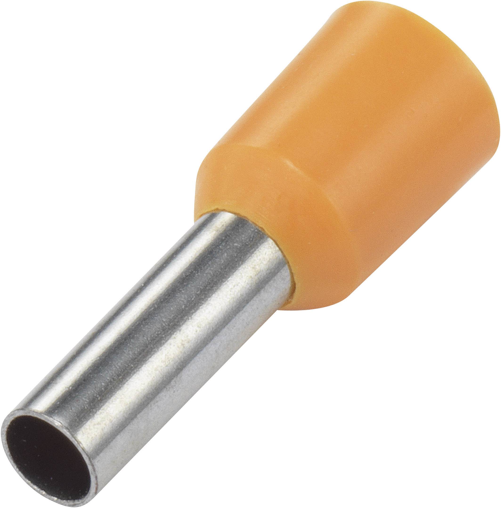 Illustrated is an orange wire end ferrule with a metallic tube end, used for cable connection in electrical installations.