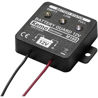 Black device with 'Battery Guard 12V' inscription and three lights indicating battery status: Empty, Low, Full.