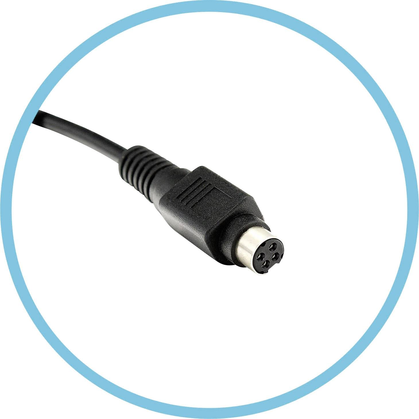 Black mini-DIN plug against a white background, framed by a teal circle.