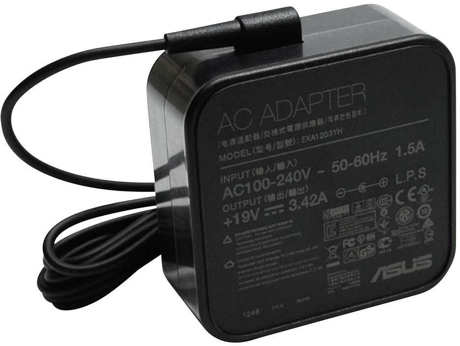 A black AC adapter charger with input range of 100-240V, output 19V, 3.42A; brand Asus.