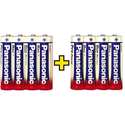 Eight Panasonic Alkaline AAA Batteries. Three on the left side, five on the right, separated by a plus sign.