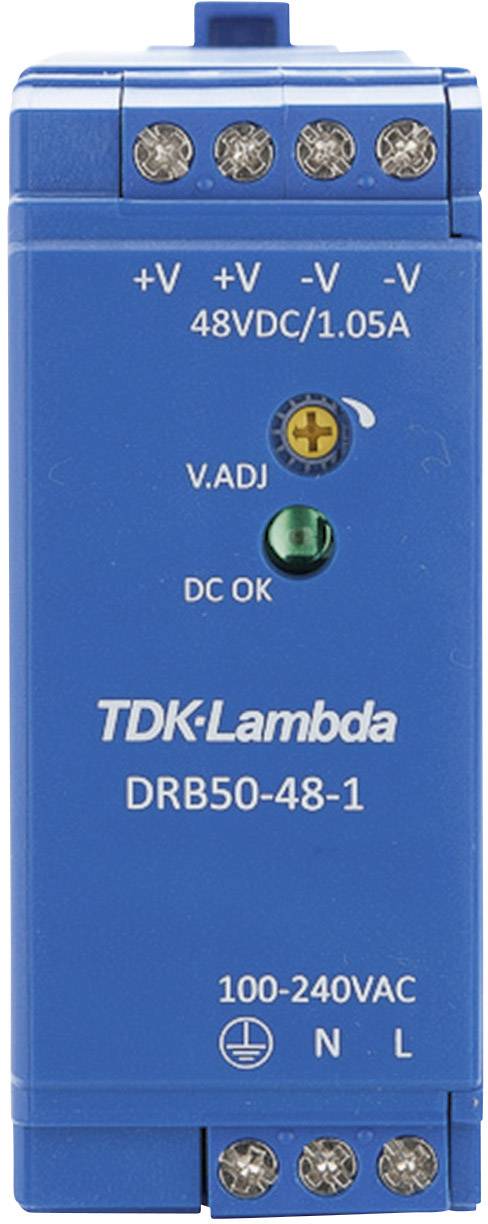 Blue power supply module with the inscription 'TDK-Lambda DRB50-48-1', input 100-240VAC, output 48VDC/1.05A, DC OK indicator.