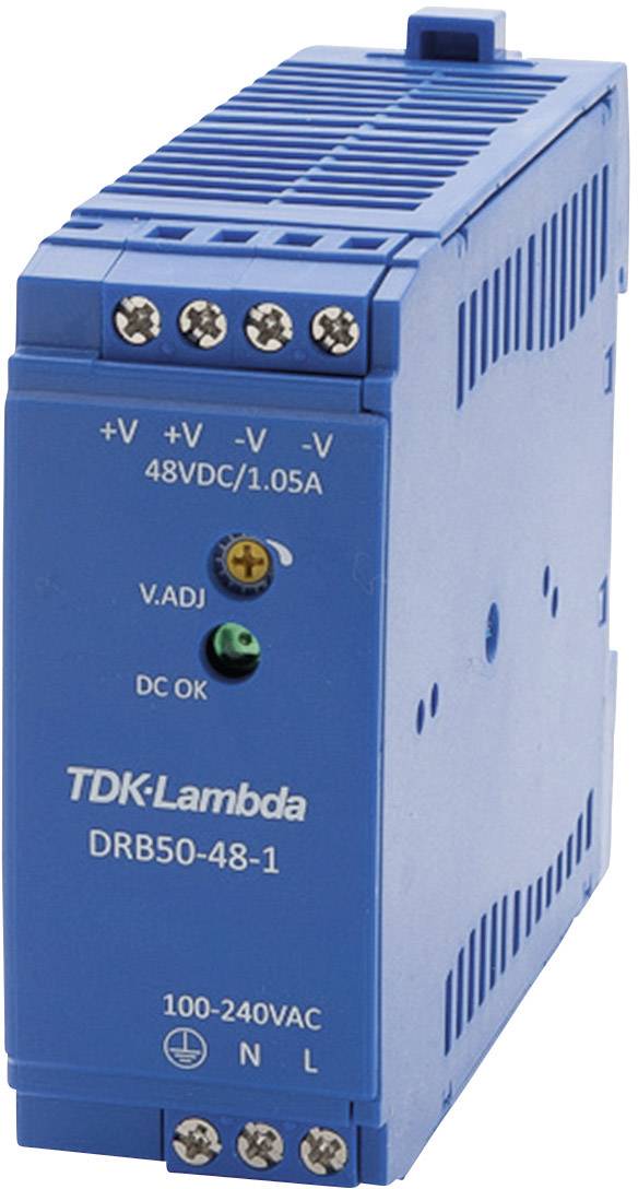 Blue electronic device with the inscription 'TDK-Lambda DRB50-48-1'. It converts 100-240VAC to 48VDC at 1.05A. Connections on top.