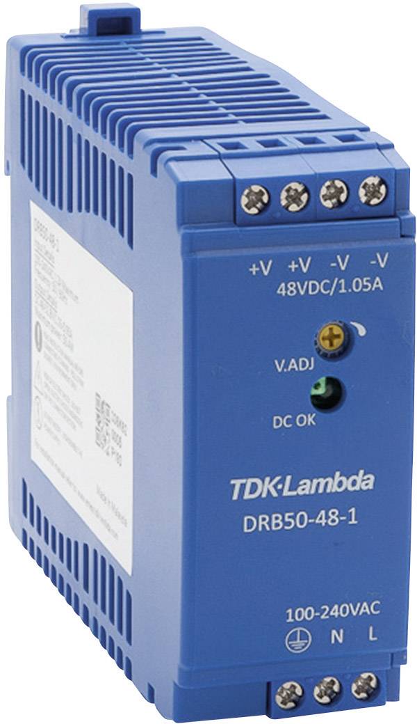 Blue TDK-Lambda power supply, model DRB50-48-1, with input range of 100-240VAC and output of 48VDC/1.05A.