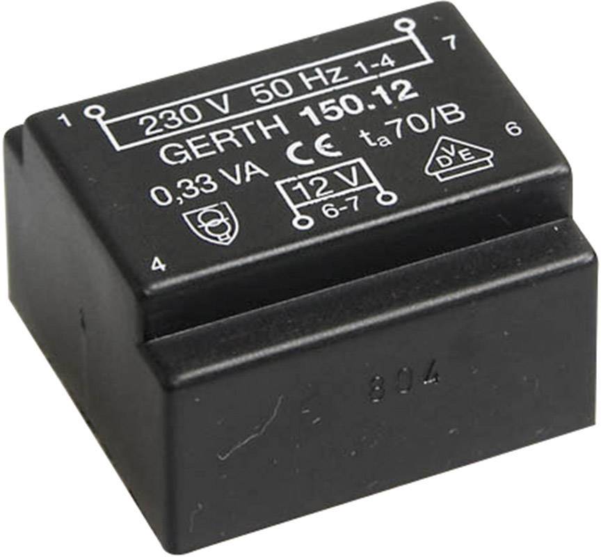 Black transformer with inscription: '230V 50Hz 1-4, GERTH 150-12, 0.33VA, 12V'. Device for electrical voltage conversion.