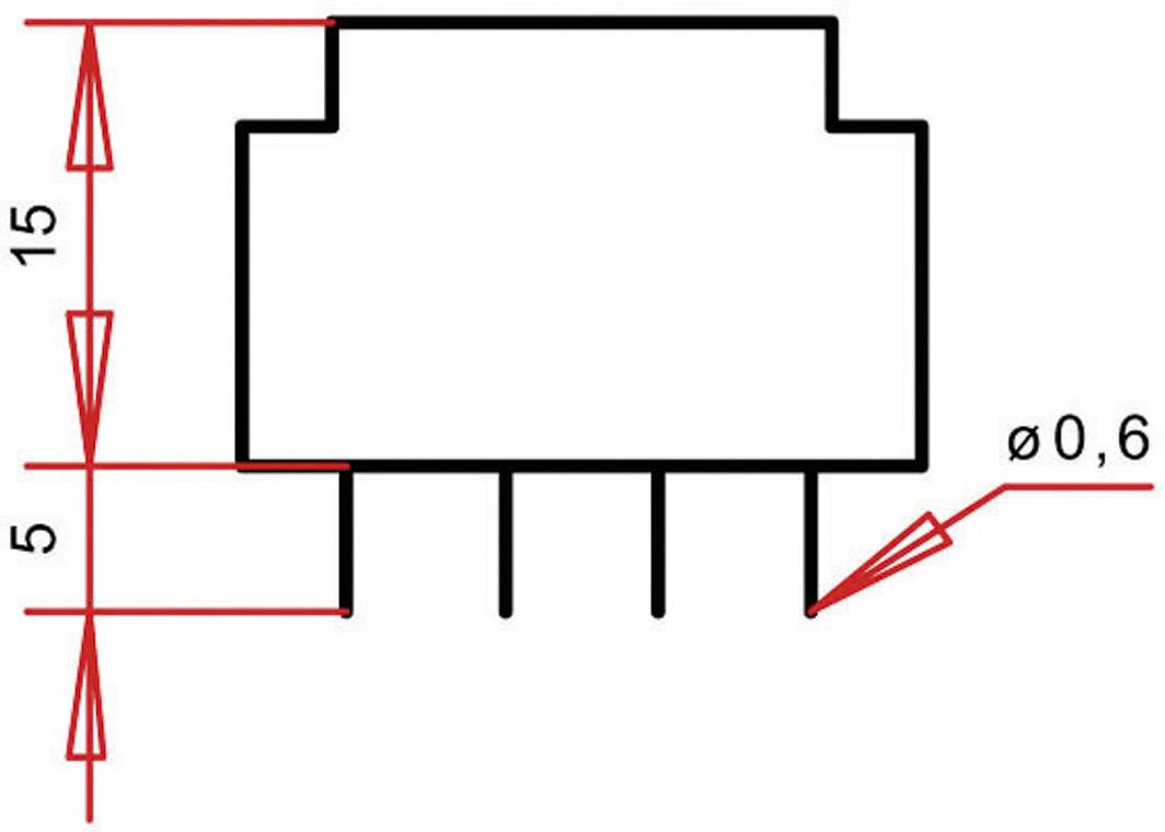 Diagram of an electronic component with four terminals. Height 20 mm, terminal diameter 0.6 mm.